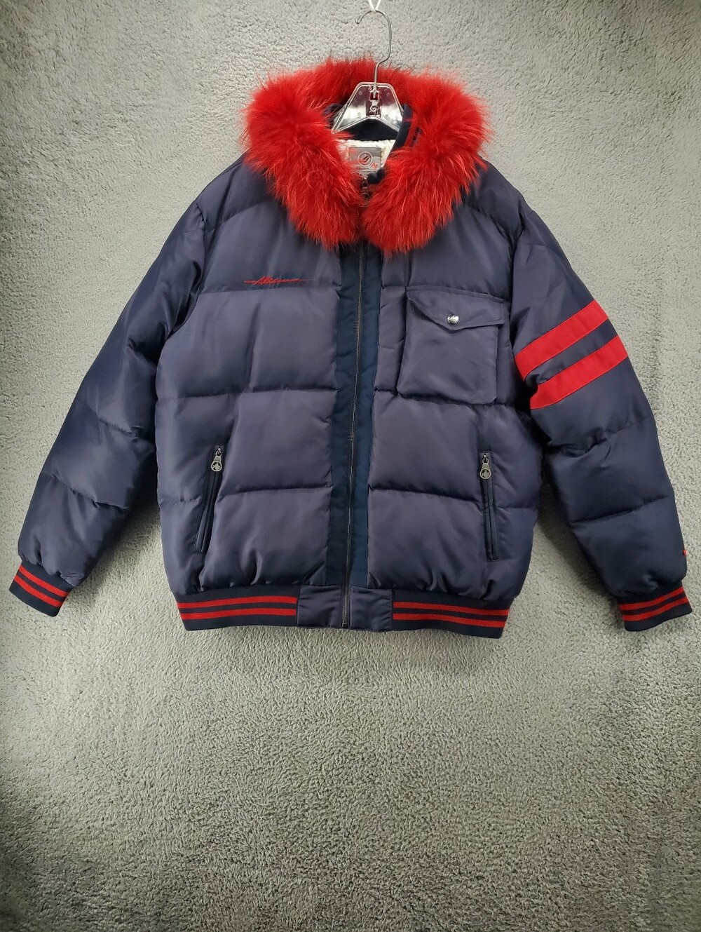 Al Wissam Nylon Puffer Bomber Jacket Mens 4XL Navy & Red Hooded Fur Trim
